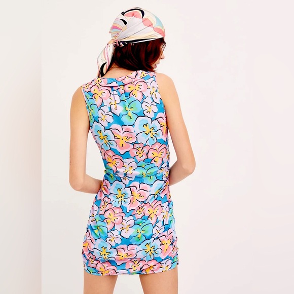 NWT For Love & Lemons Blue Yasmin Blue Tropical Floral Mini Dress 100% Bamboo M - Picture 4 of 15